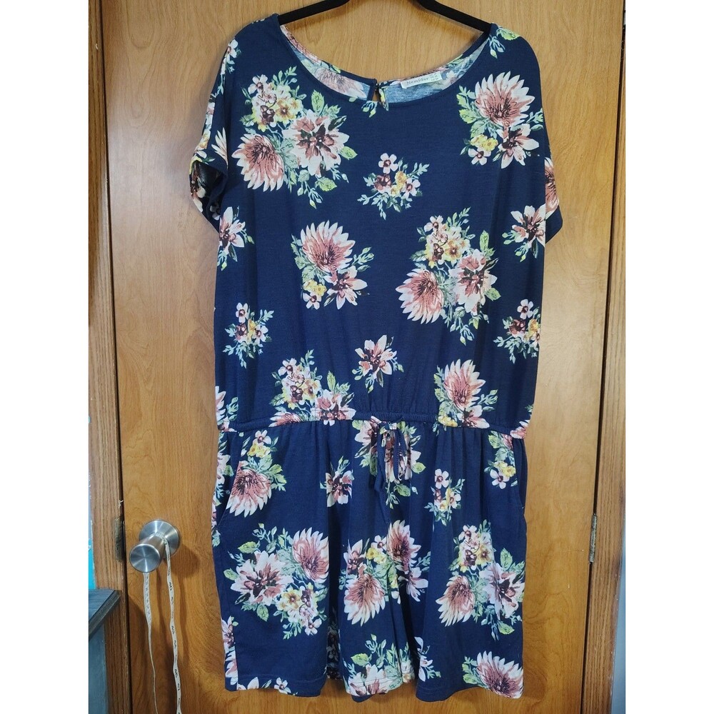 Navy Blue Pink Floral Shorts Romper Sz 22 Keyhole Back Boho Bohemian Cottagecore